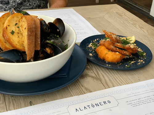Kataifi prawns and mussel dish at Alatonero - Greek restaurant Mornington Peninsula